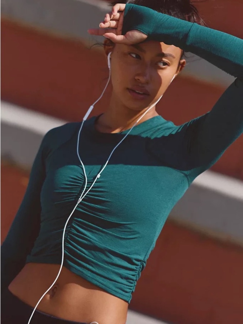 Long-Sleeve Ruched Crop Top in Teal
